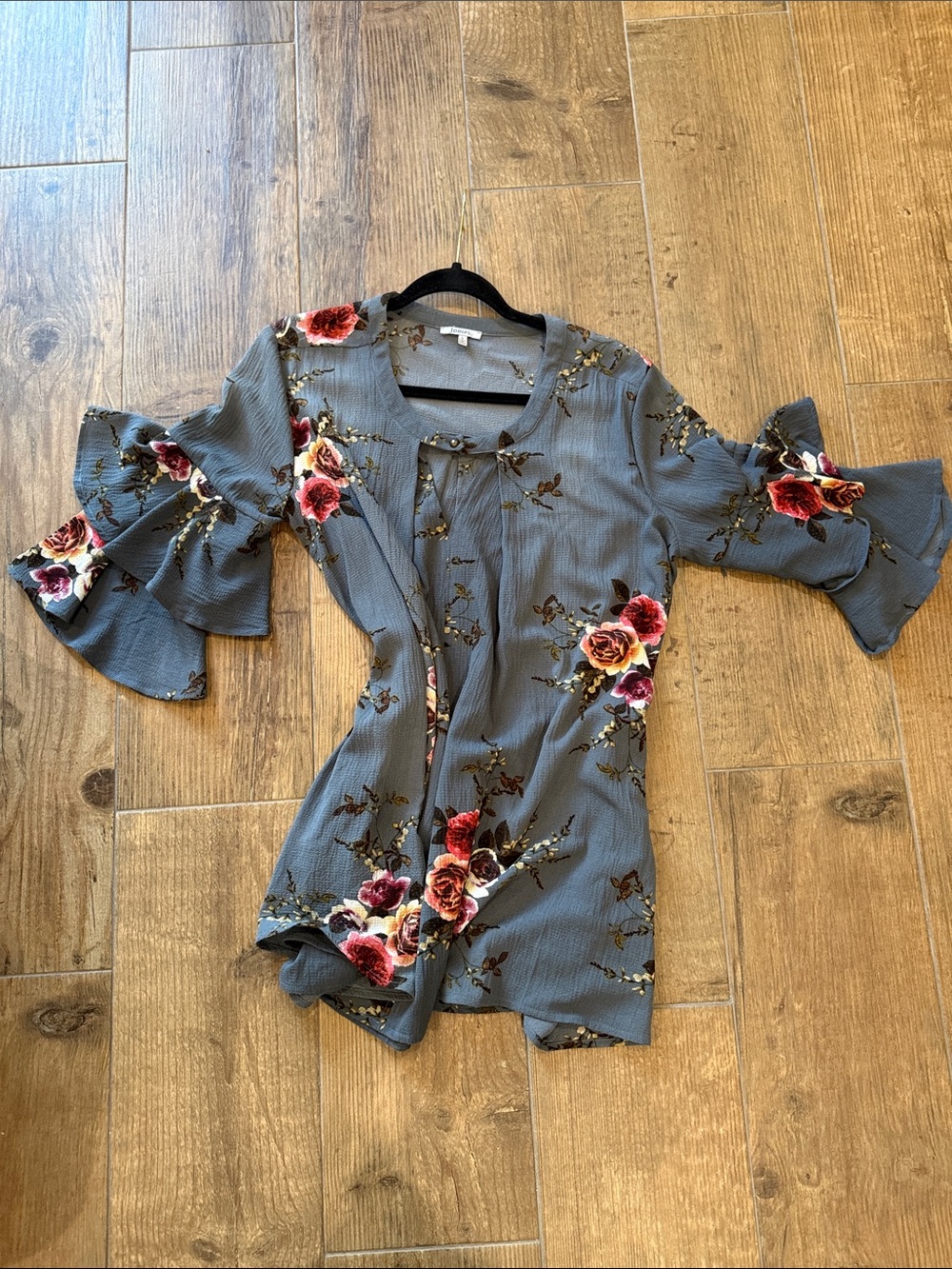 JODIFL Slate Blue Floral Mini Dress with Red & Pink Blooms